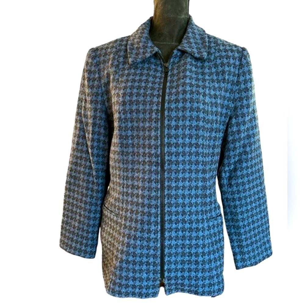 Coldwater Creek Womens Wool Houndstooth Zip Up Jacket Blue Charcoal Size 14